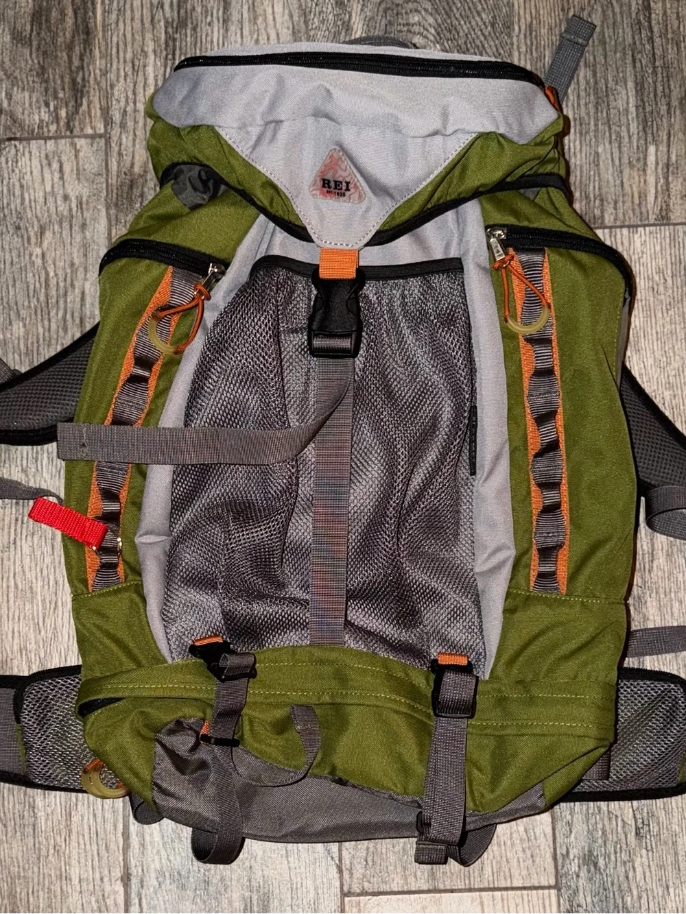 REI Olive Green and Gray Hiking Backpack with Orange Accents